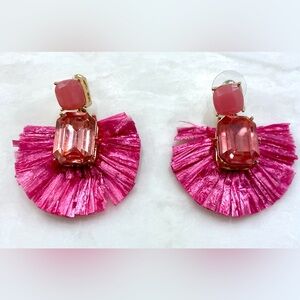 Vibrant Pink Fan Drop Earrings with Gem Accents